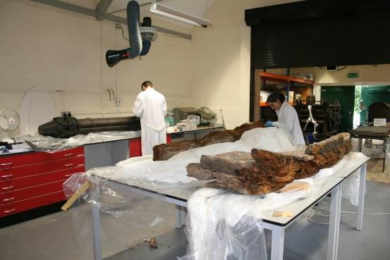 Conservation Sta working on large timber objects for Bridewell Project.